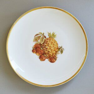 Vintage PM Jaeger & Co Harvest Dinner Plate, Pineapple & Strawberry, Heavy Gold
